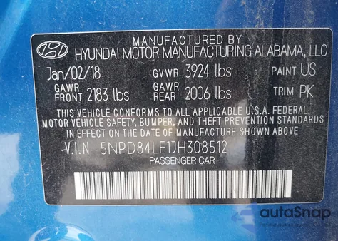 2018 Hyundai Elantra Sel z USA, uszkodzony, nr VIN 5NPD84LF1JH308512